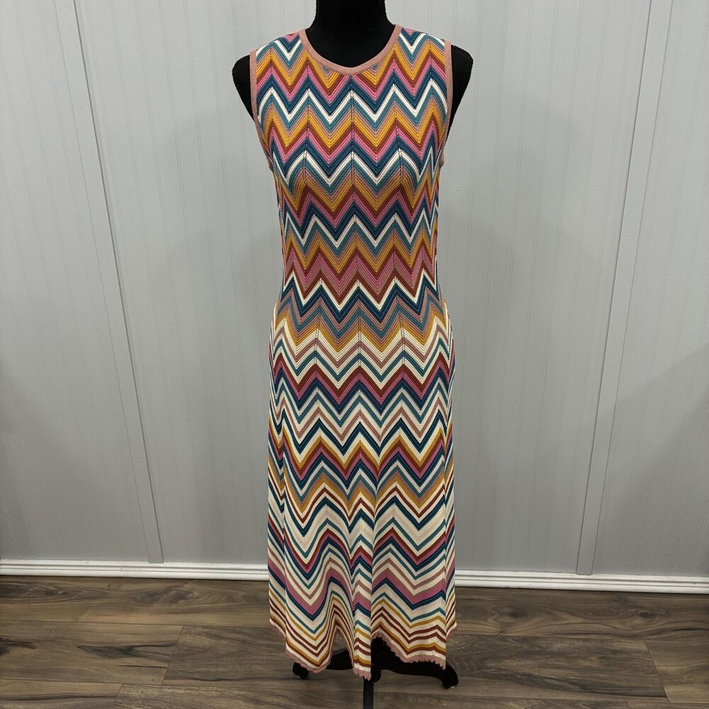 Shoshanna Multicolor Zigzag Chevron Knit Midi Dress Sleeveless Size Medium